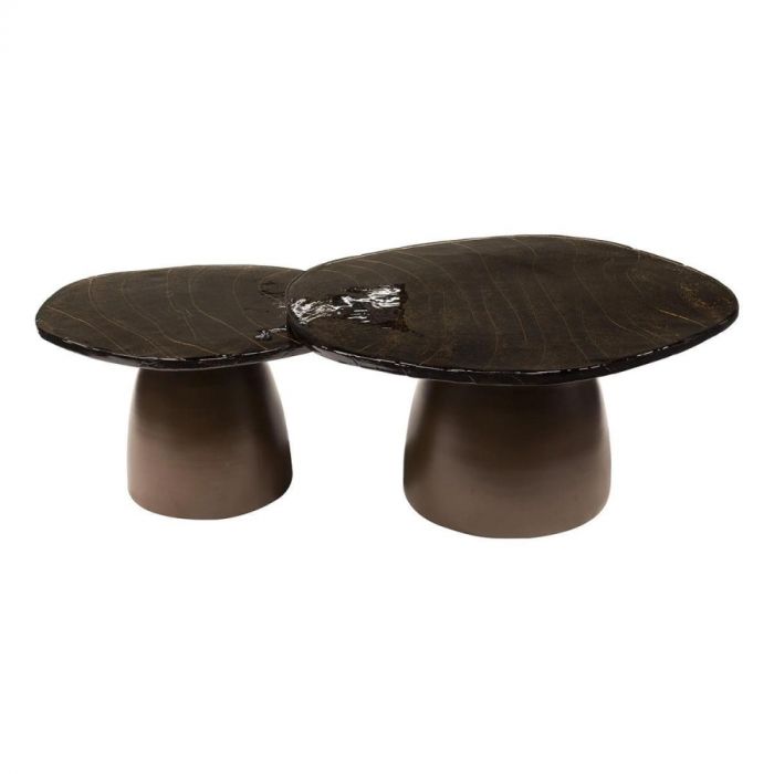 Twee salontafels Eclipse antiek koper met organische tafelbladen en stevige, taps toelopende poten, gefotografeerd op witte achtergrond.