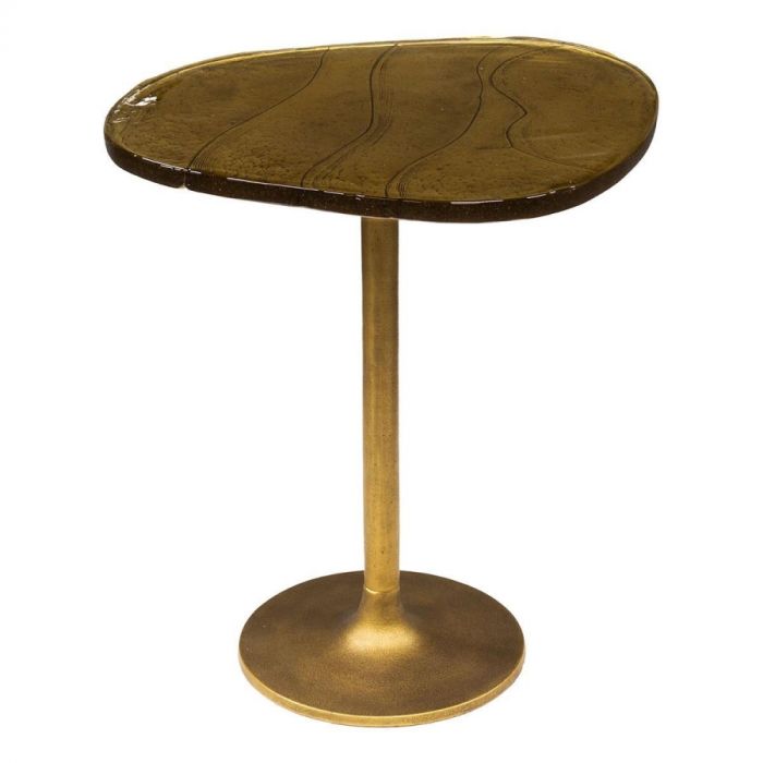 Bijzettafel Eclipse M met organisch blad en ronde voet in antiek goud.