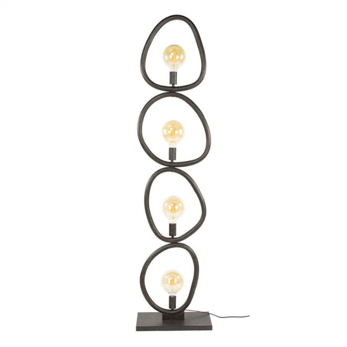 Vrijstaande vloerlamp Pebble van zwart metaal met vier organische cirkels en ronde lichtbronnen.