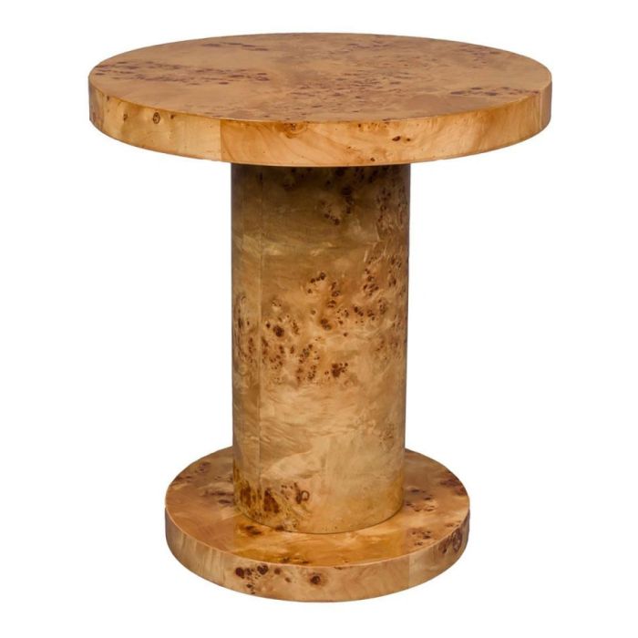 Dutchbone bijzettafel Quinn van wortelhout met rond blad, cilindervormige poot en ronde voet, vrijstaand.