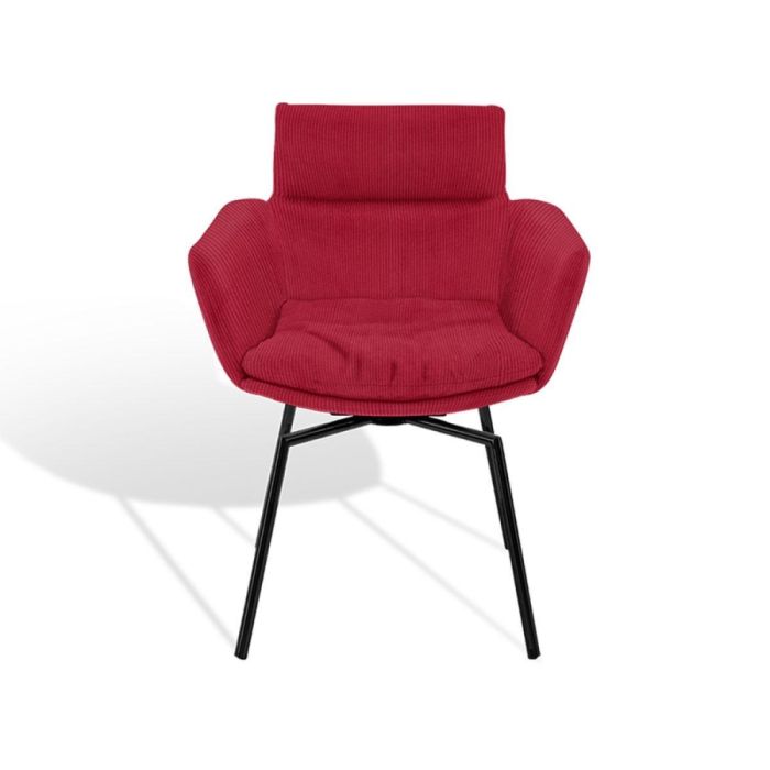 Rode KFF Faye eetkamerstoel met armleuningen en zwart metalen onderstel, vooraanzicht