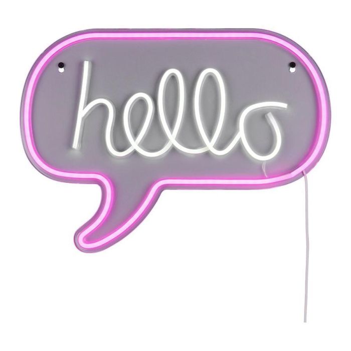 Wandlamp Hello in tekstballonvorm met roze rand en witte verlichte letters.