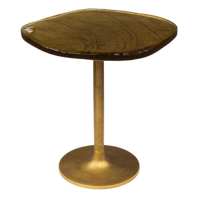 Bijzettafel Eclipse S in antiek goud met organisch gevormd blad en ronde voet.