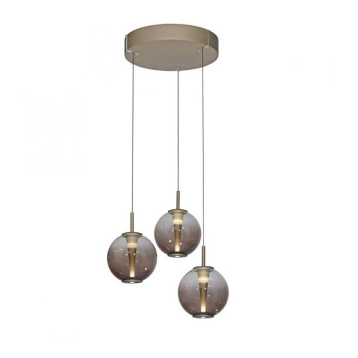 PURE E-Infinity hanglamp met drie amberkleurige glazen lichtbollen en bronzen plafondplaat.