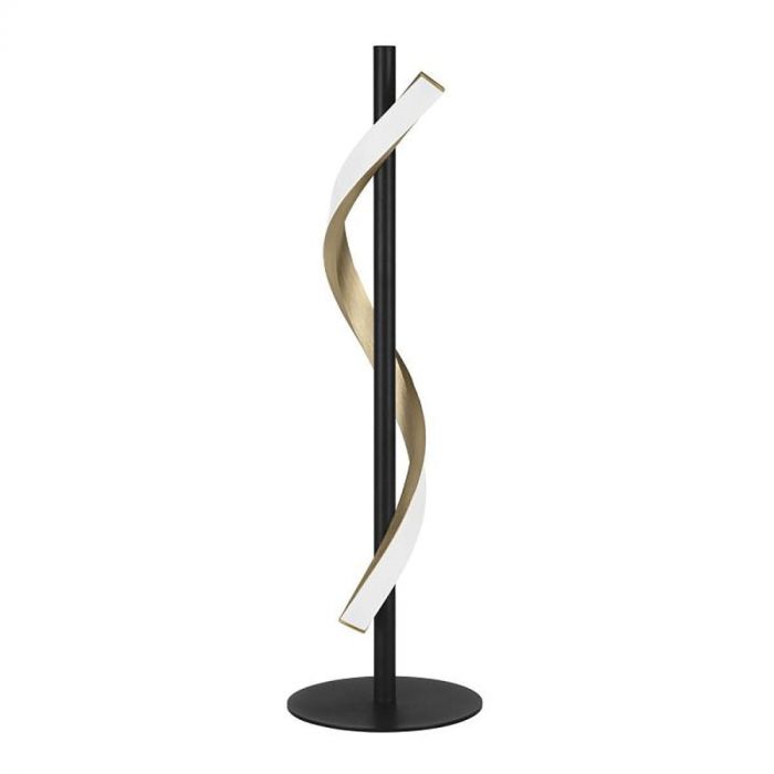 LED-tafellamp CONAPRATO met spiraalvormige lichtbaan in zwart en messing, vooraanzicht.