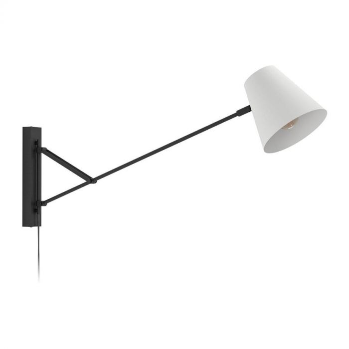 Wandlamp Forcadet met zwart metalen arm en grijze stoffen kap, zijaanzicht.