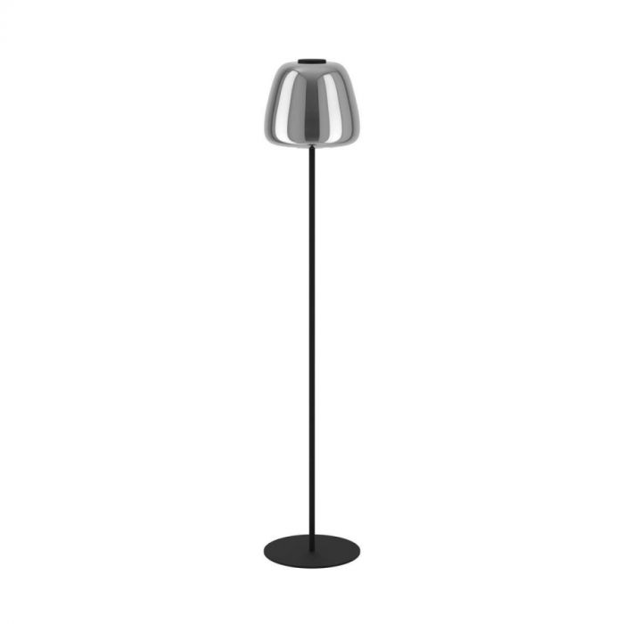 Vloerlamp Molochio-Z uit de Connect.Z-serie met chroom-transparante kap en zwarte voet, losstaand tegen witte achtergrond.