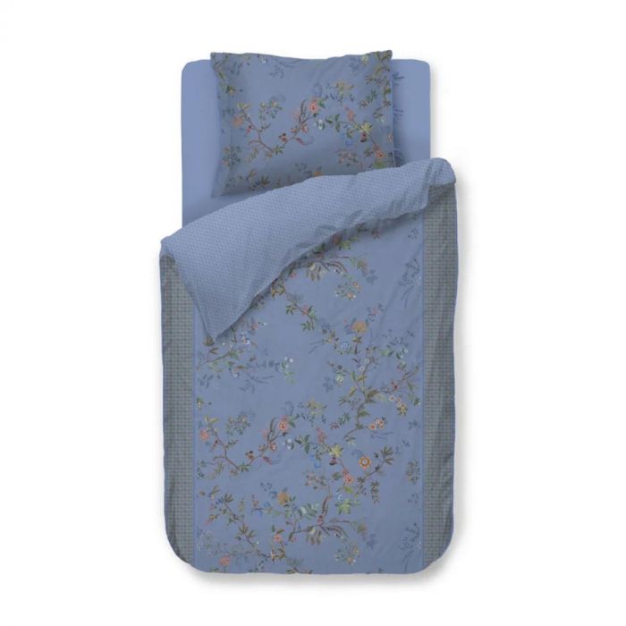 Bustani dekbedovertrek blauw met takken en fantasiebloemen, inclusief kussensloop, gemaakt van katoenperkal 200TC.