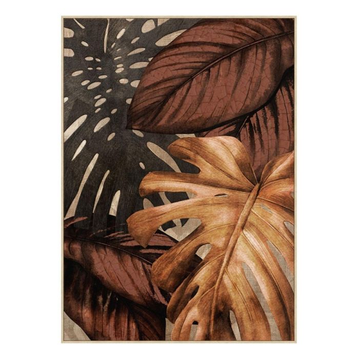 Handgeschilderd schilderij Eyvia met drie overlappende bladeren in bruin- en aardetinten op een lichte achtergrond.