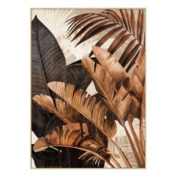 Handgeschilderd schilderij Eyvia met vier overlappende bladeren in verschillende bruintinten op een lichte achtergrond.