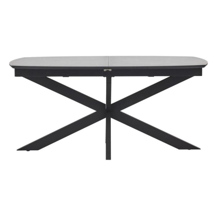 Trendhopper Hano tafel frontaal – Deens ovaal uitschuifbare tafel met grijs HPL-blad en zwarte matrixpoot, recht van voren gefotografeerd.