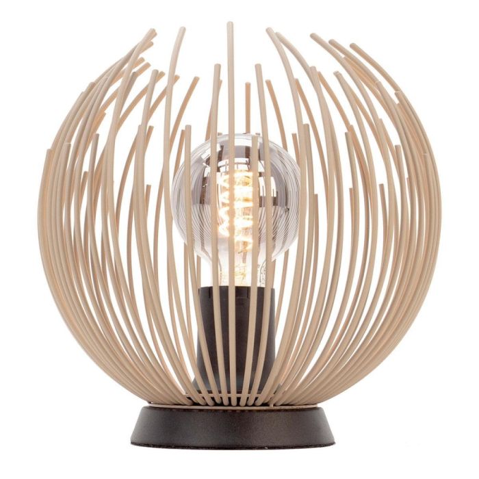 Eglo Alhabia tafellamp in zandkleur met open metalen bolvormig frame en zichtbare filamentlamp in het midden.