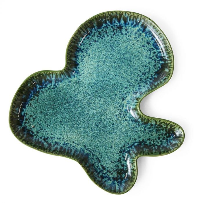 Bovenaanzicht van de HKLIVING schaal Shell Groenblauw met organische vorm en blauw-groene glazuur.