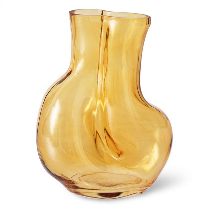 Close-up van de HKLIVING Vaas Glas Amber, met organische vorm en transparant amberkleurig glas.