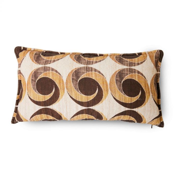 Close-up van het HKLIVING Doris Collectie Kussen Nostalgisch met retro-achtige cirkelpatronen in bruin en geel.
