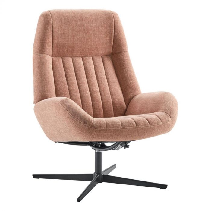 INHOUSE draaifauteuil Tirona in roze stof met zwarte metalen kruisvoet, vooraanzicht.