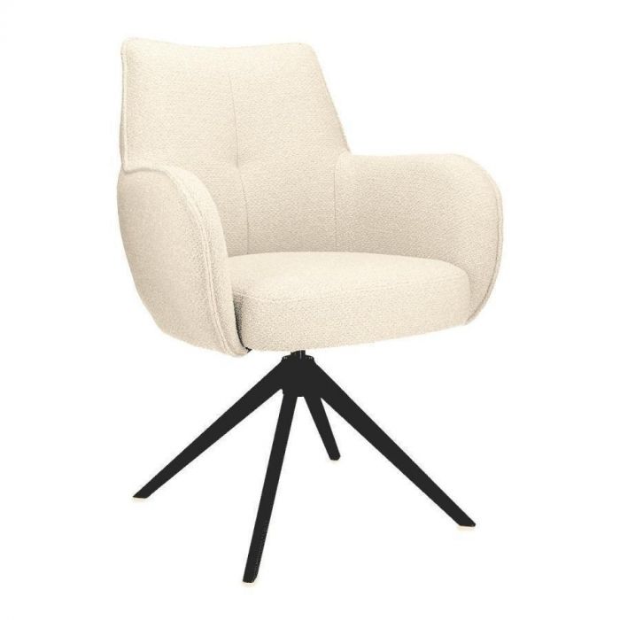 Armstoel Derio in beige stof met zwart metalen draaibaar onderstel, vooraanzicht.