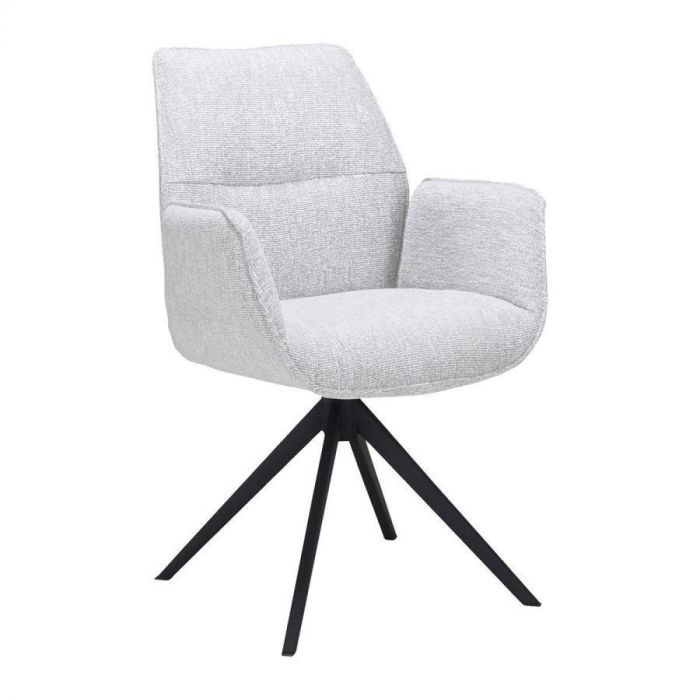 Eetkamerstoel Otero in luxe lichtgrijze stof met zwart metalen draaibaar onderstel, vooraanzicht.