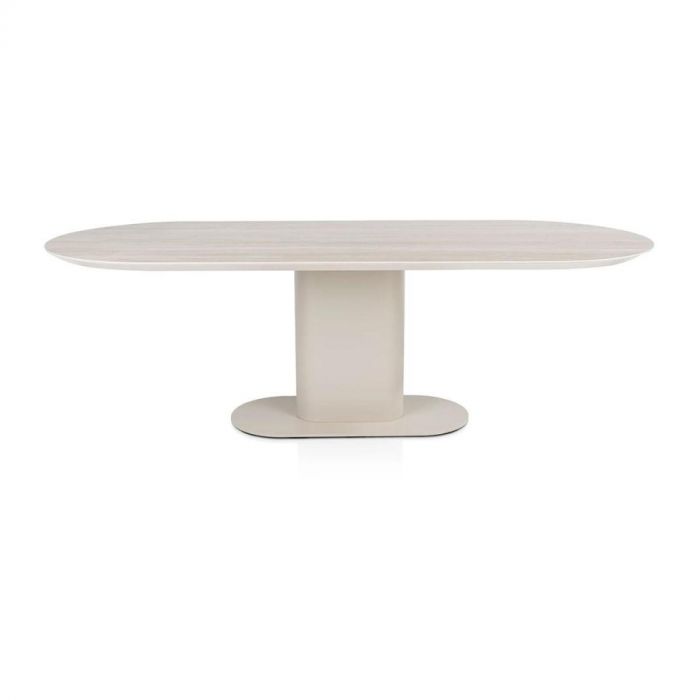 Designsofa Denver in beige stof met loungegedeelte en zwarte designpoten, vooraanzicht.