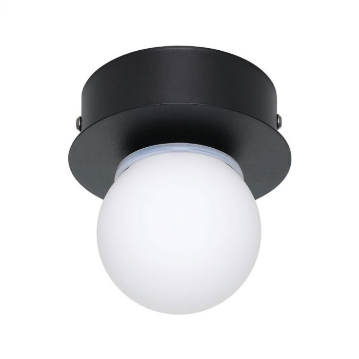 Zwarte wand- en plafondlamp Moisano met matte glazen bol, frontaanzicht