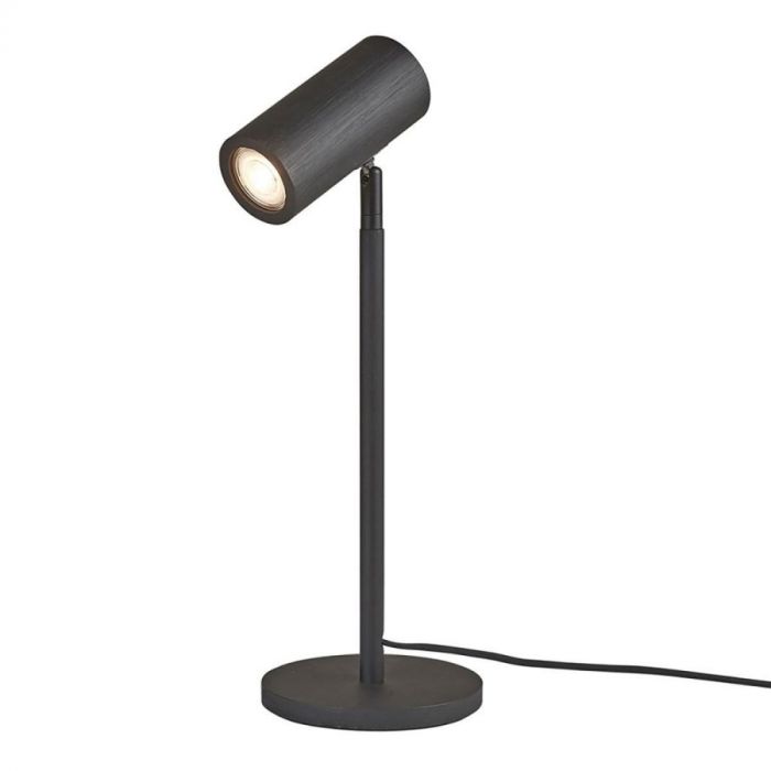 Java tafellamp zwart van metaal en bamboe met verstelbare spot, minimalistisch afgewerkt in zwart.