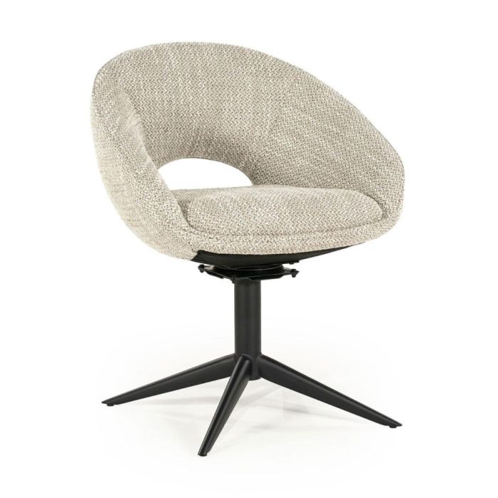 Eetkamerstoel Nol van Eleonora in taupe tofa met ronde kuip en zwarte draaivoet, driekwart vooraanzicht.