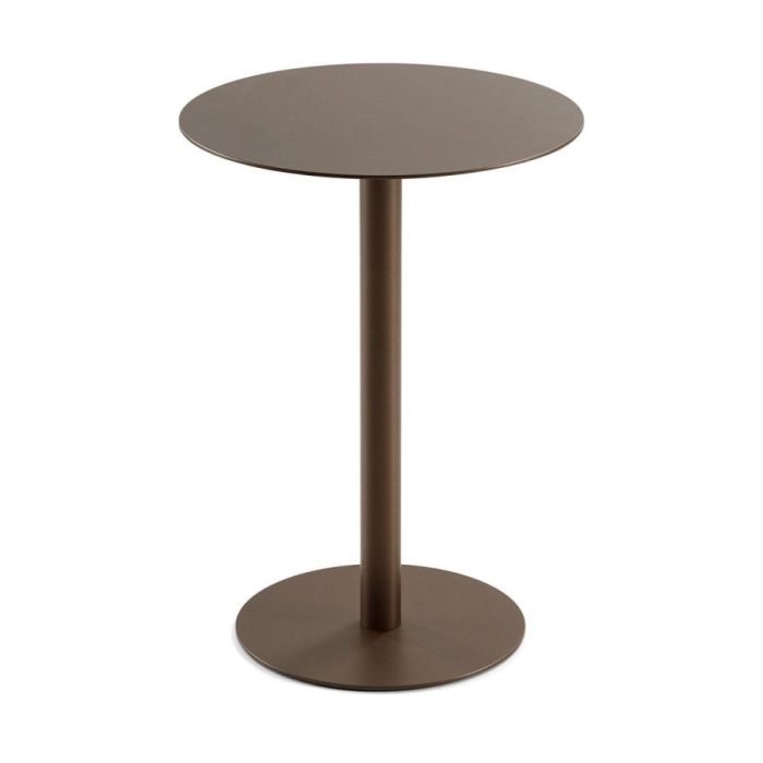 Bunbury bijzettafel in anodic-brown met rond metalen blad en slanke centrale voet, vrijstaand gefotografeerd tegen een lichte achtergrond.