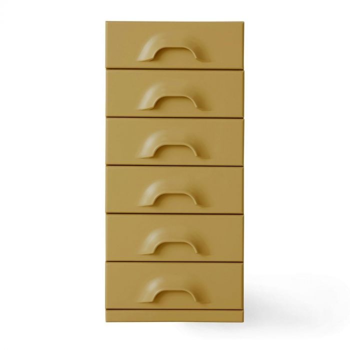 HKLIVING ladekast in sage met zes lades, frontaal gefotografeerd met duidelijk zichtbare afgeronde grepen.