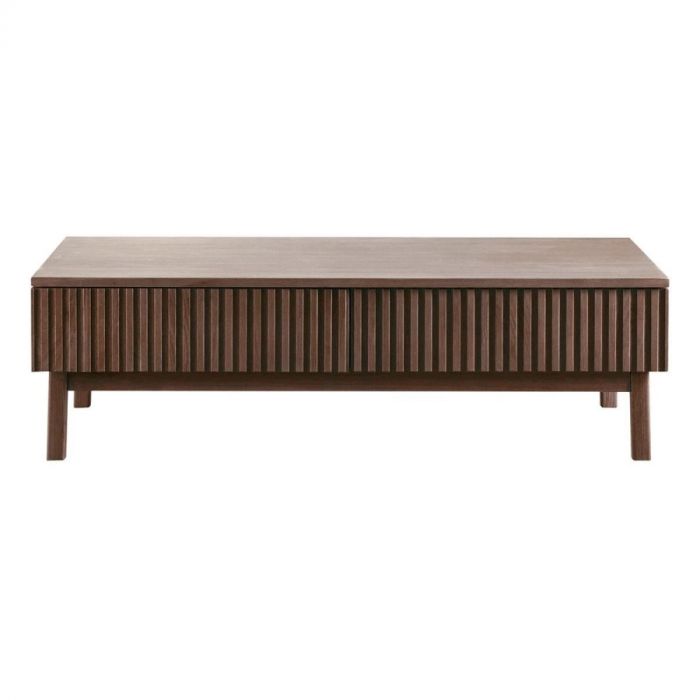 Rechthoekige salontafel Arrosto Dark Roast van Pronto Wonen, frontaal gezien met lattenstructuur en houten poten.