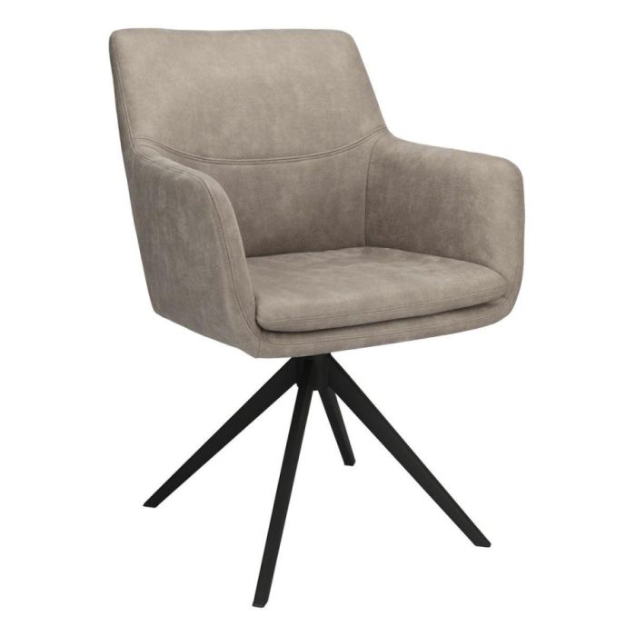 INHOUSE eetkamerstoel Vigios Bull Clay in bruin microleer met zwart metalen poten en draaifunctie, schuin vooraanzicht.