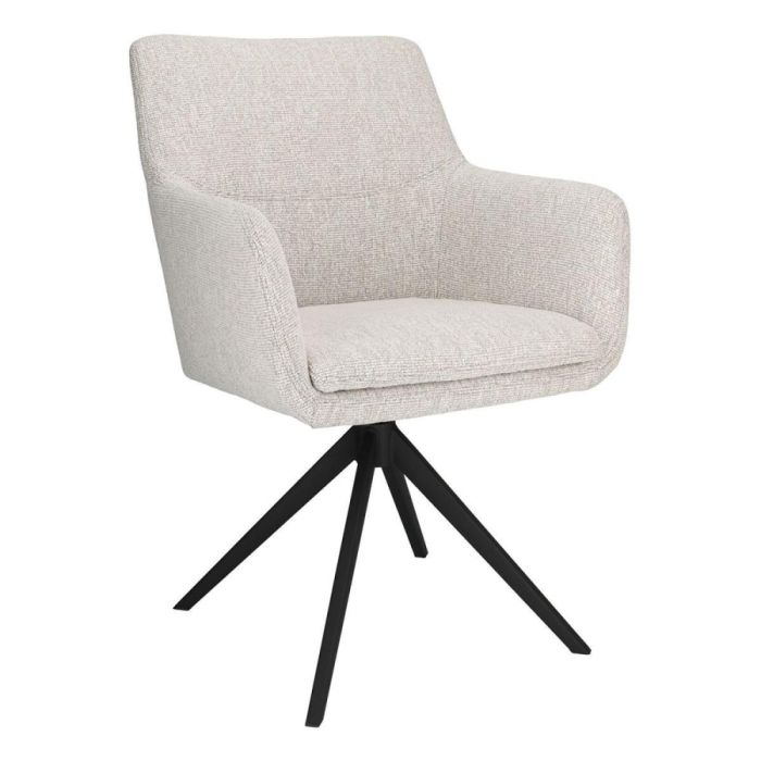 INHOUSE eetkamerstoel Vigios Beige met zachte bekleding en zwart metalen poten, schuin van voren gezien.