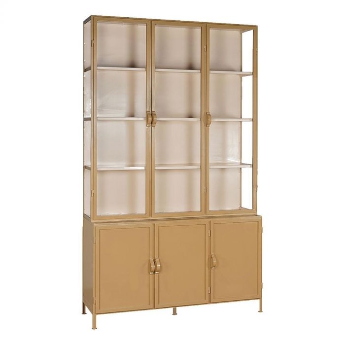 Metalen vitrinekast Detroit in mosterdgeel met zes deuren, boven voorzien van glas en onder van dichte deuren.