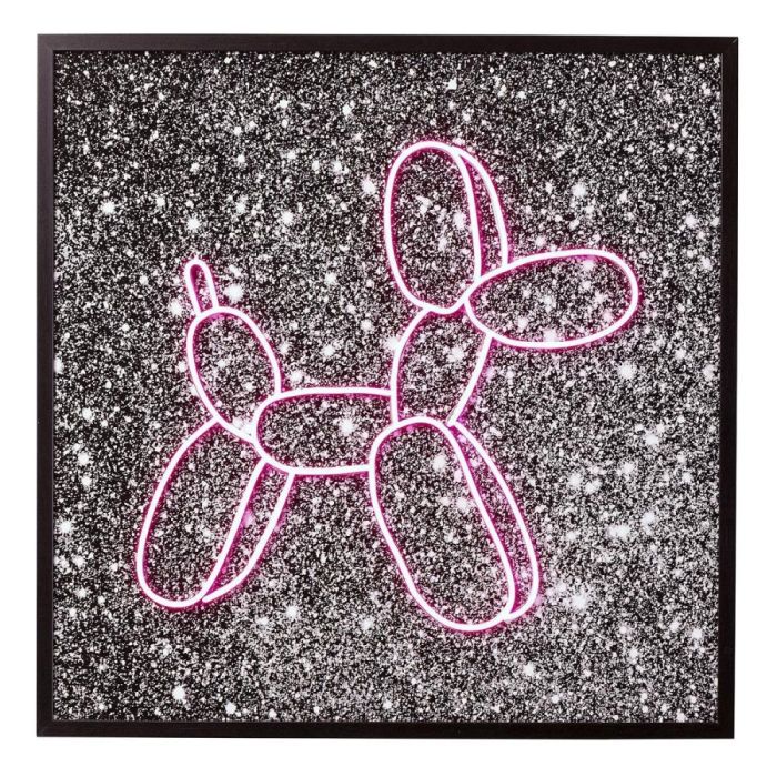 LED wandfoto met neonroze ballonhond op zwarte gespikkelde achtergrond in zwart frame.