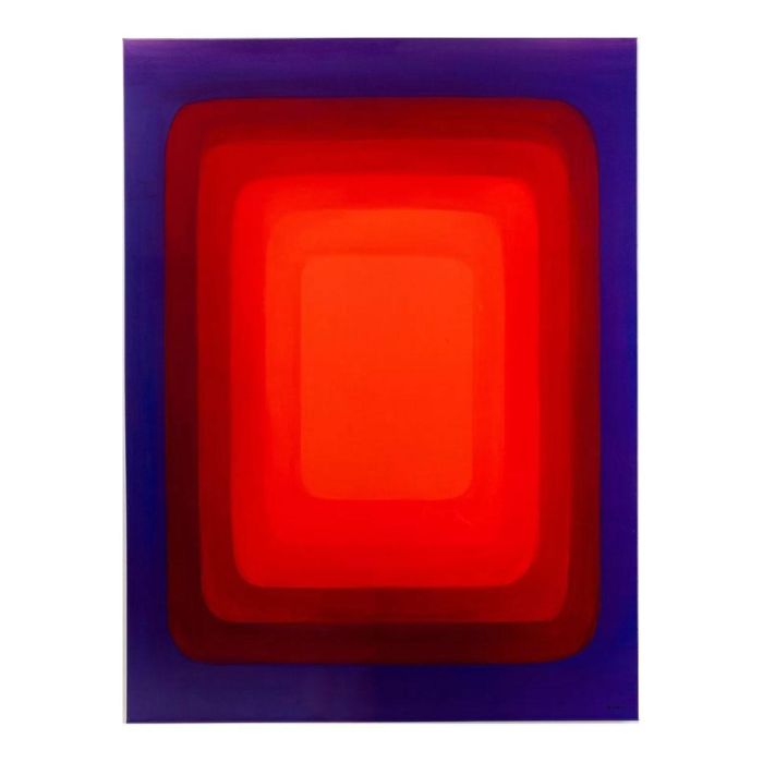 Abstracte wanddecoratie met zes gelaagde rechthoeken in rood en violet met vloeiend kleurverloop.