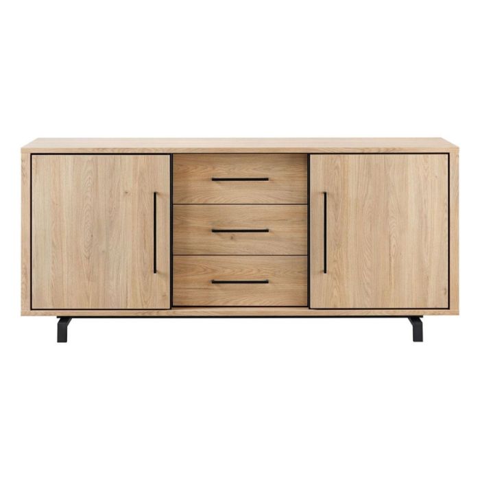 INHOUSE Dressoir Wesara Old Oak met twee deuren, drie laden en zwarte metalen poten, frontaal op witte achtergrond.