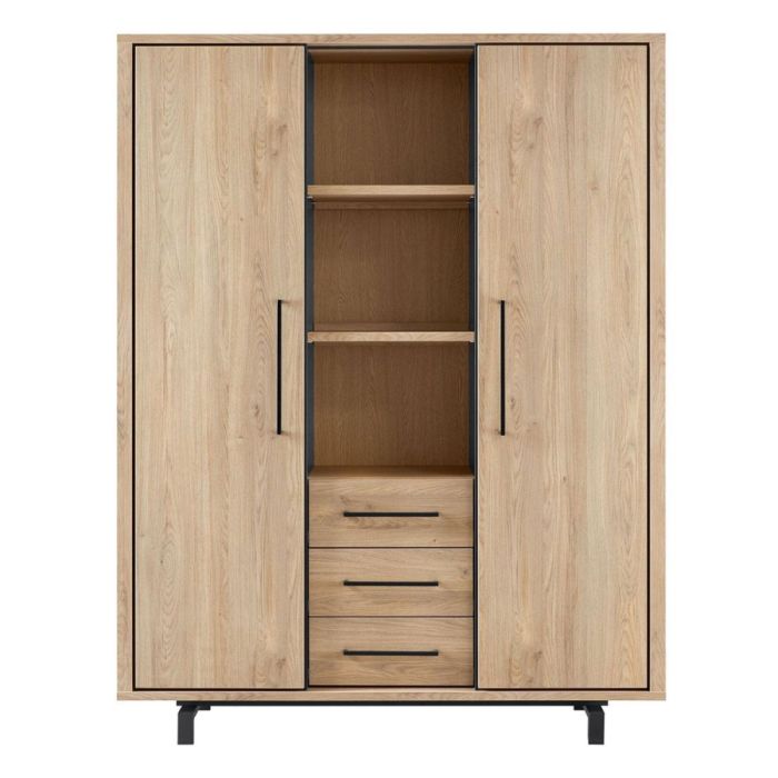 INHOUSE Wandkast Wesara Old Oak met twee deuren, drie laden en open vakken, uitgevoerd in houtkleur met zwarte metalen poten.