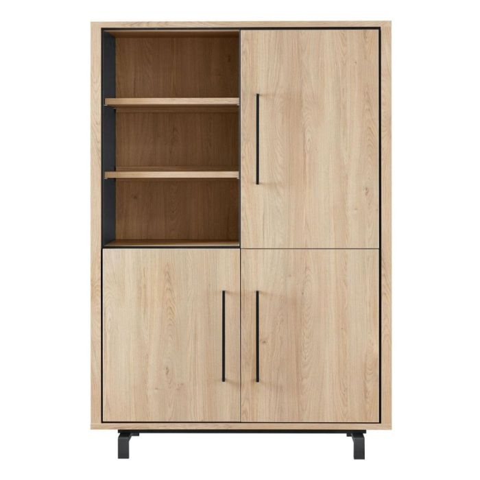 INHOUSE Opbergkast Wesara Old Oak met drie deuren, drie open vakken en zwarte metalen poten, zonder verlichting op witte achtergrond.