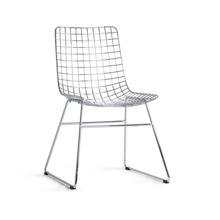 Eetkamerstoel Wire Chair in verchroomd metaal, luchtig draadframe ontwerp zonder armleuningen.