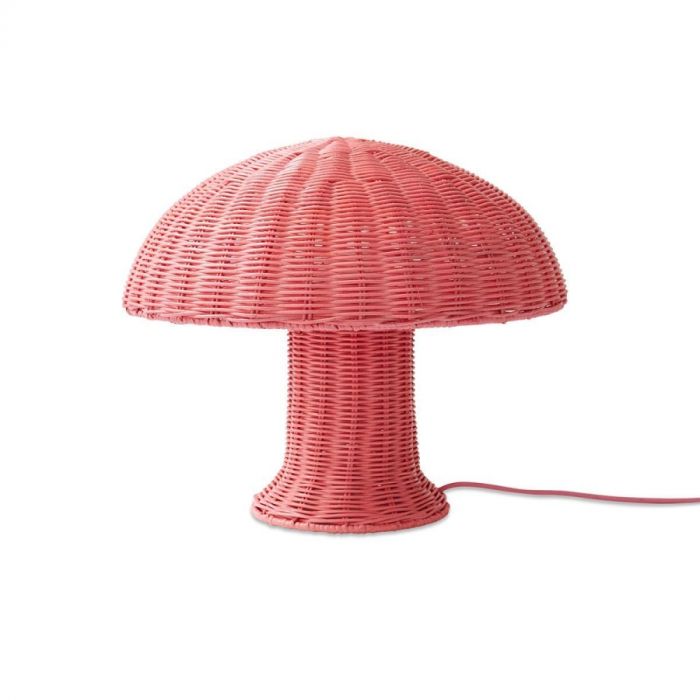 HKLiving tafellamp Rotan Blush in roze rotan met paddenstoelvormig design en gevlochten structuur.