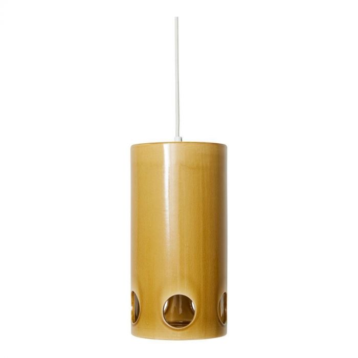 HKLiving hanglamp Ceramic Mustard in glanzend mosterdgeel keramiek met ronde openingen.
