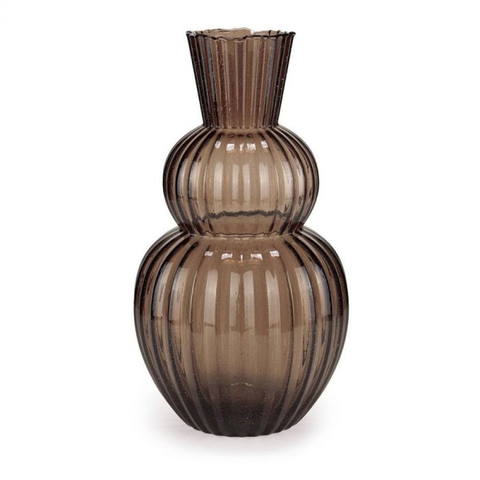 ISAA vaas Orvieta van bruin geribbeld glas met ronde vormen en smalle hals.