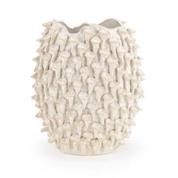ISAA Vaas Baixas 28x15x33,5 cm, vooraanzicht van witte keramieken vaas met opvallende kegelvormige structuur.
