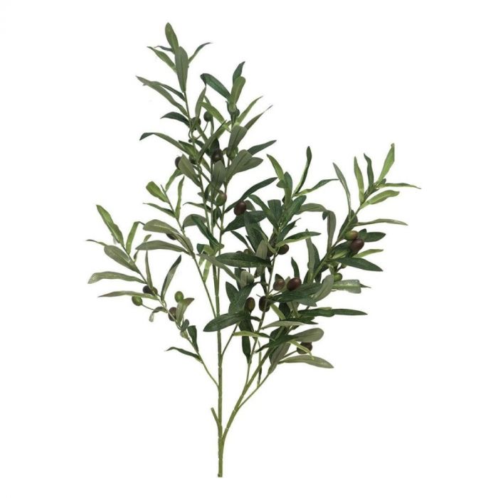 ISAA Olive Branch Flexa 101 cm, kunsttak met olijfgroene bladeren en kleine groene en donkerbruine olijven tegen een witte achtergrond.