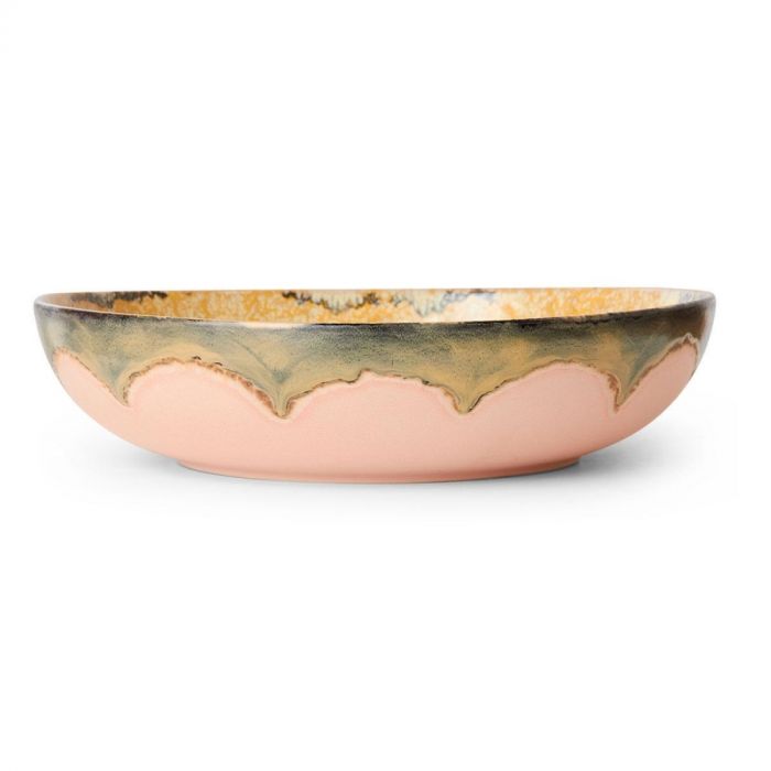 HKLIVING 70s Ceramics Salad Bowl Sunflower met golvend glazuur in roze, geel en groen.
