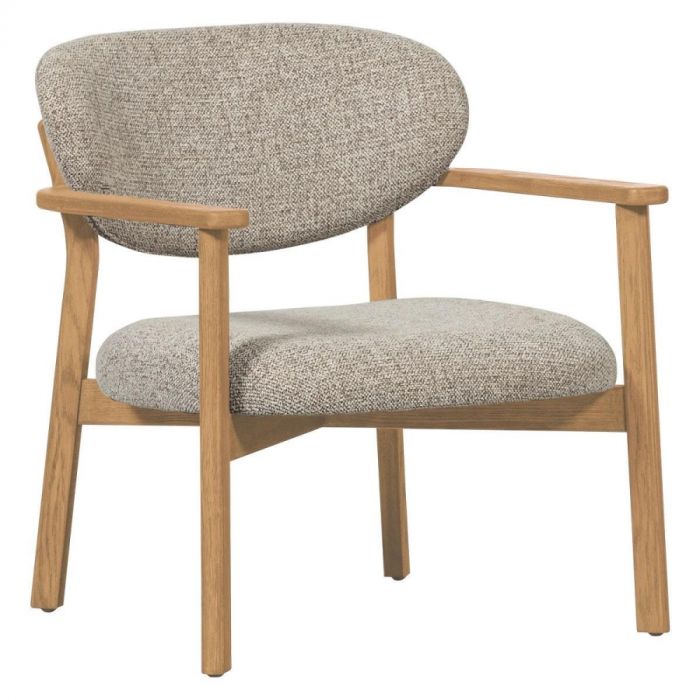 WOOOD Fauteuil Udar Naturel, schuin vooraanzicht van fauteuil met naturel bekleding en houten frame in eiken kleur.