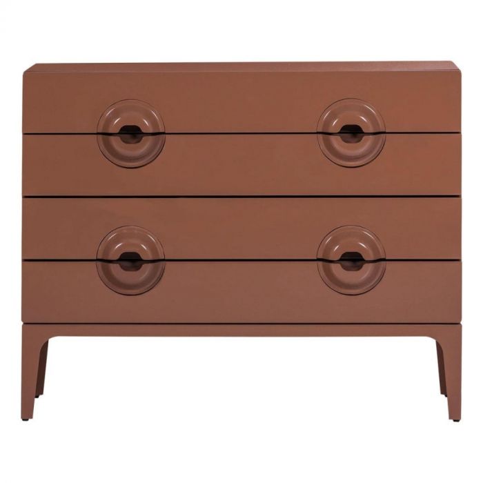 WOOOD Ladekast Merge Oudroze, frontaal aanzicht van een oudroze ladekast met drie lades en ronde handgrepen.