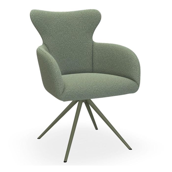 Bert Plantagie eetkamerstoel Nio in groene stof met metalen onderstel, schuin van voren gefotografeerd.