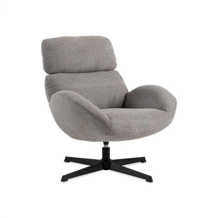 Draaifauteuil Bolands in grijs met zachte gemêleerde bekleding en zwarte metalen draaivoet, vooraanzicht.