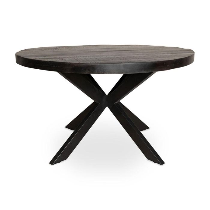 Eetkamertafel Denver Black van Starfurn met rond mangohouten blad en metalen matrixpoot.