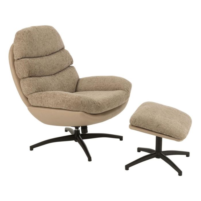 J-Line relaxfauteuil met hocker in taupe, zachte bekleding met draaivoet, schuin van voren gefotografeerd.
